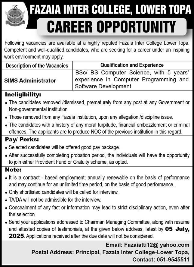 Jobs in Fazaia Inter College Lower Topa